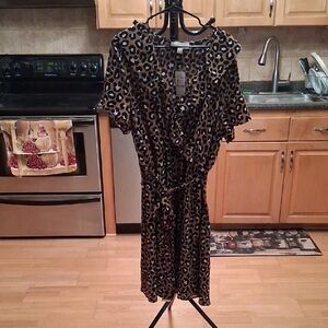 Michael Kors Brown and Black Leopard-Print Tie-Waist Midi Dress